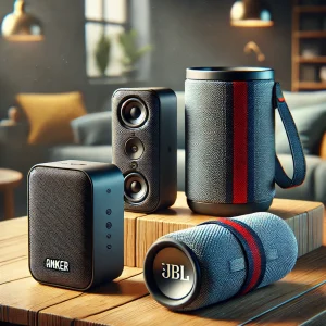 DALL·E 2024 08 25 13.33.09 A detailed image of three different budget friendly home speakers released in 2024. The first speaker Anker Soundcore 2 is small rectangular and b